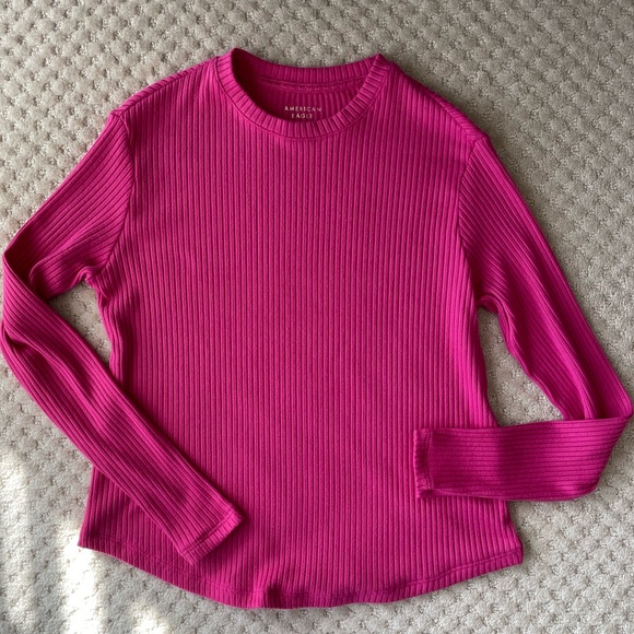 AEO Long-Sleeve Ribbed Crew Neck Tee Pink XS - Picture 2 of 6